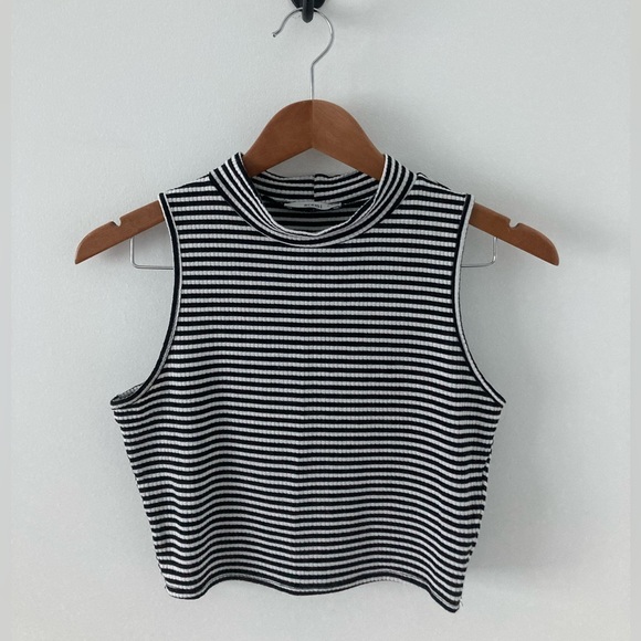 Striped Mock Neck Sleeveless Ribbed Crop Top - Picture 1 of 3